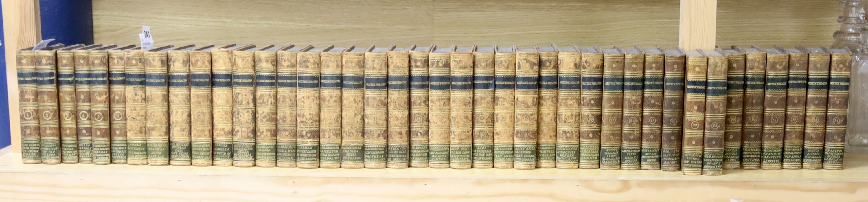 John Bell, British Theatre, 34 vols, 1791-1797, gilt-tooled tan calf, marbled end boards and a similarly-bound set of Bell's Minor Theatre
